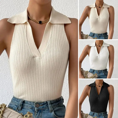 Women's vest, V neck, lapel, solid Color tops, slim fit, ribbed-Chaleco para mujer, escote V, solapa, tops de color sólido, corte entallado, acanalados