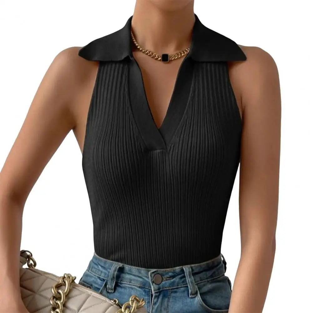 Women's vest, V neck, lapel, solid Color tops, slim fit, ribbed-Chaleco para mujer, escote V, solapa, tops de color sólido, corte entallado, acanalados